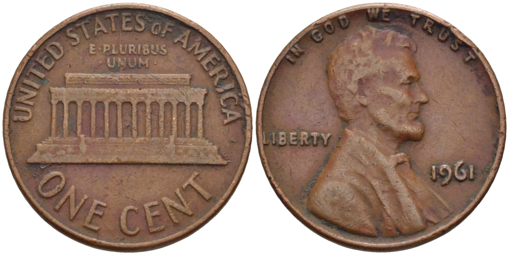 США 1 цент 1961 Авраам Линкольн KM 201 медь цинк 66-969