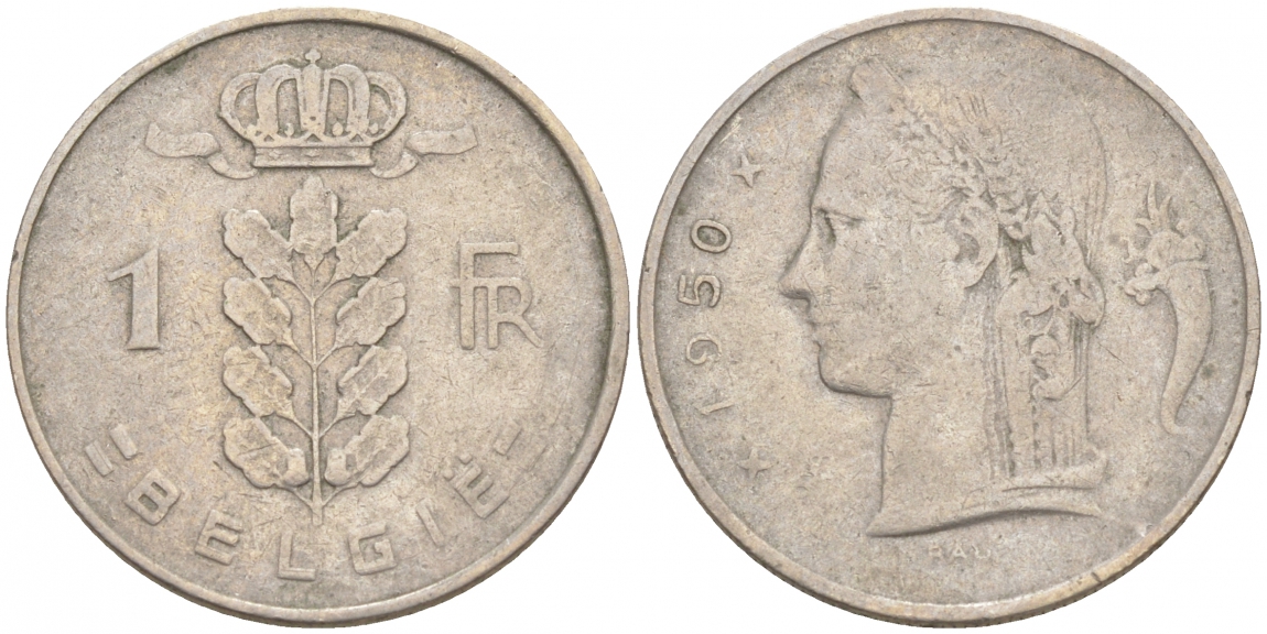 БЕЛЬГИЯ 1 ФРАНК 1950 BELGIE KM 143.1 медно-никель 68-337