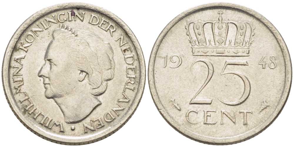 НИДЕРЛАНДЫ 25 ЦЕНТОВ 1948 ВИЛЬГЕЛЬМИНА (1890-1948) KM 177 никель 211-628