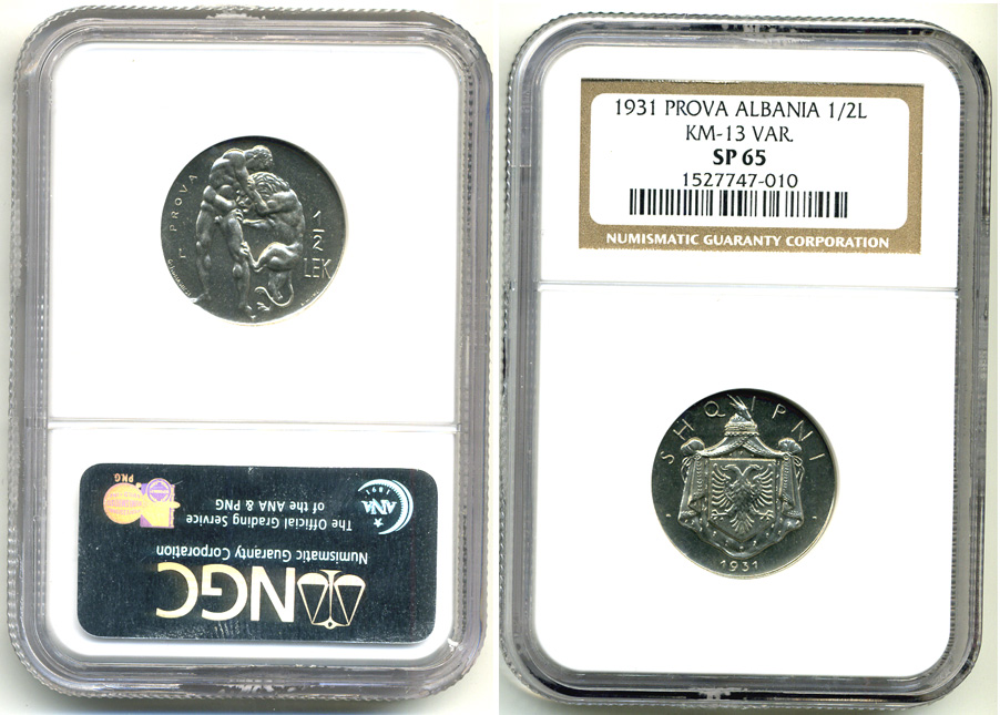 Албания 1/2 лека 1931 Геракл разрывает Немейского льва, пробный выпуск, PROVA, в слабе NGS SP 65 KM 13 var никель PROOF 15-006-18