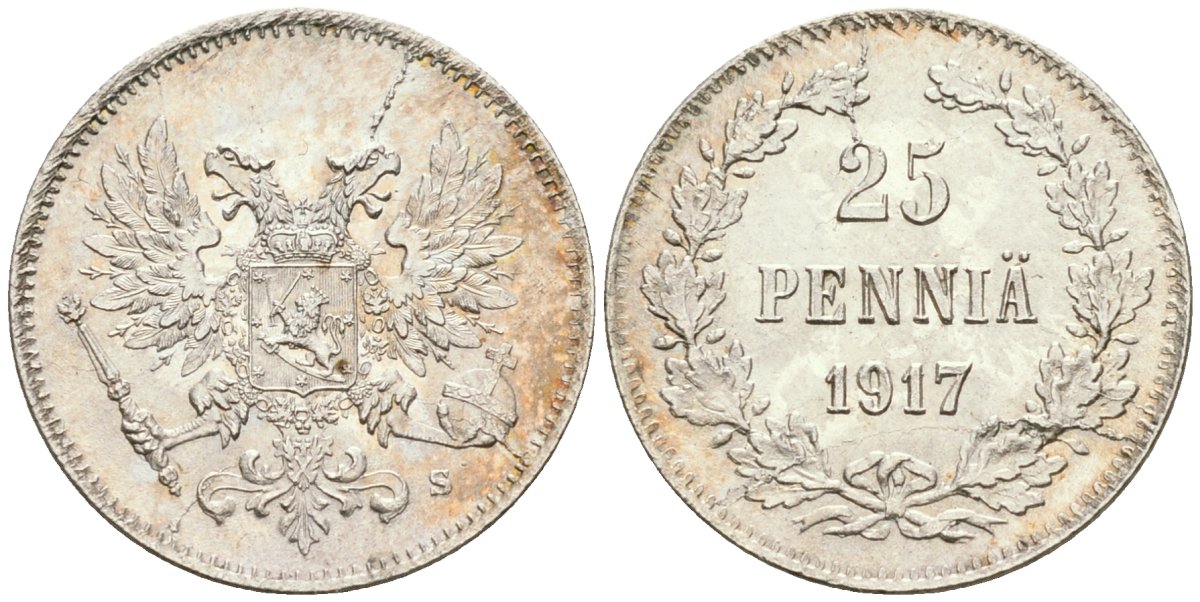 Россия для Финляндии 25 пенни 1917 S, временное правительство, без короны KM 19, Биткин 2 серебро aUNC 4580-1232