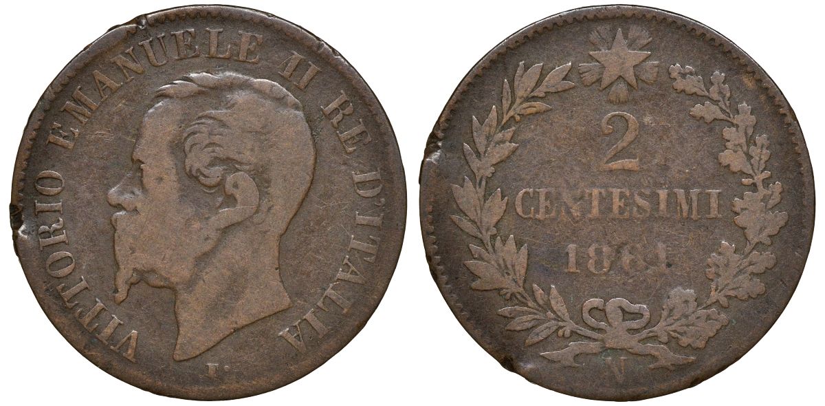 Италия 2 чентезимо 1861 N, Виктор Эммануил II KM 2.2 медь 4164-666