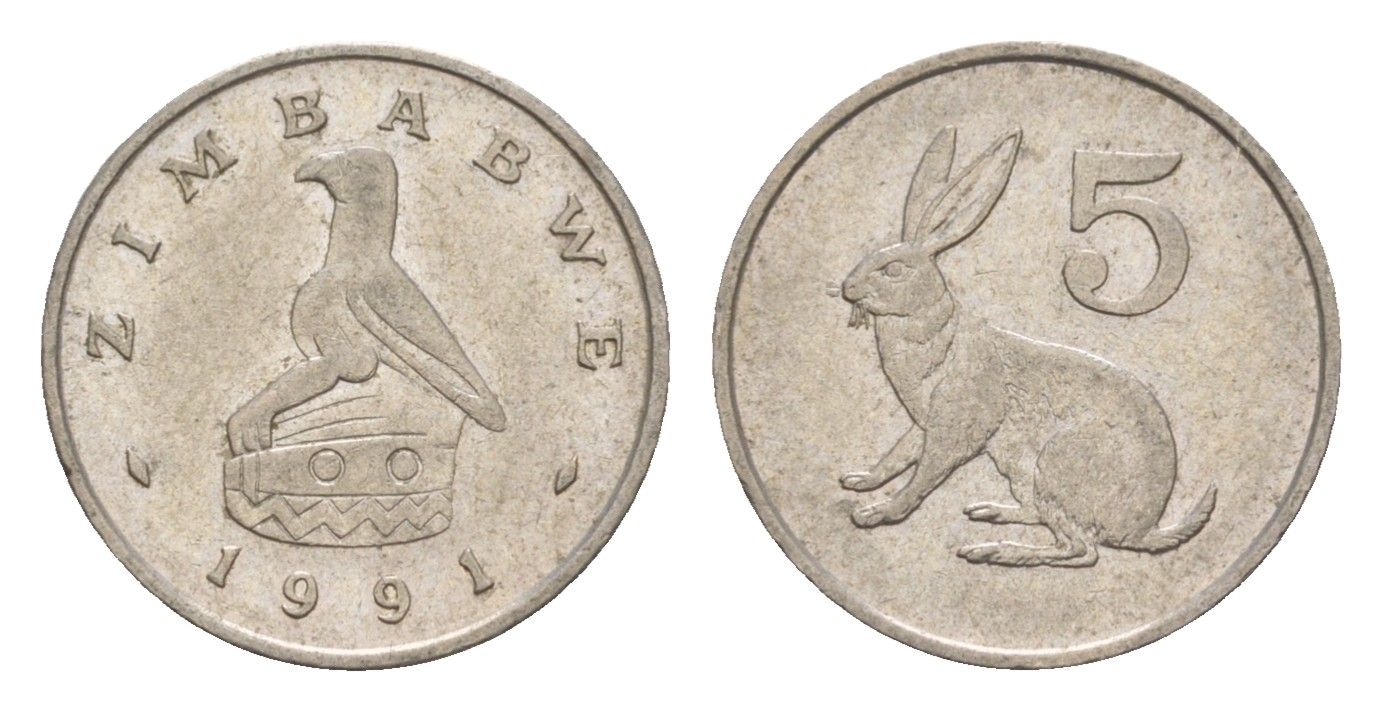 Зимбабве 5 центов 1991 рыжий кролик KM 2 медно-никель 4655-748