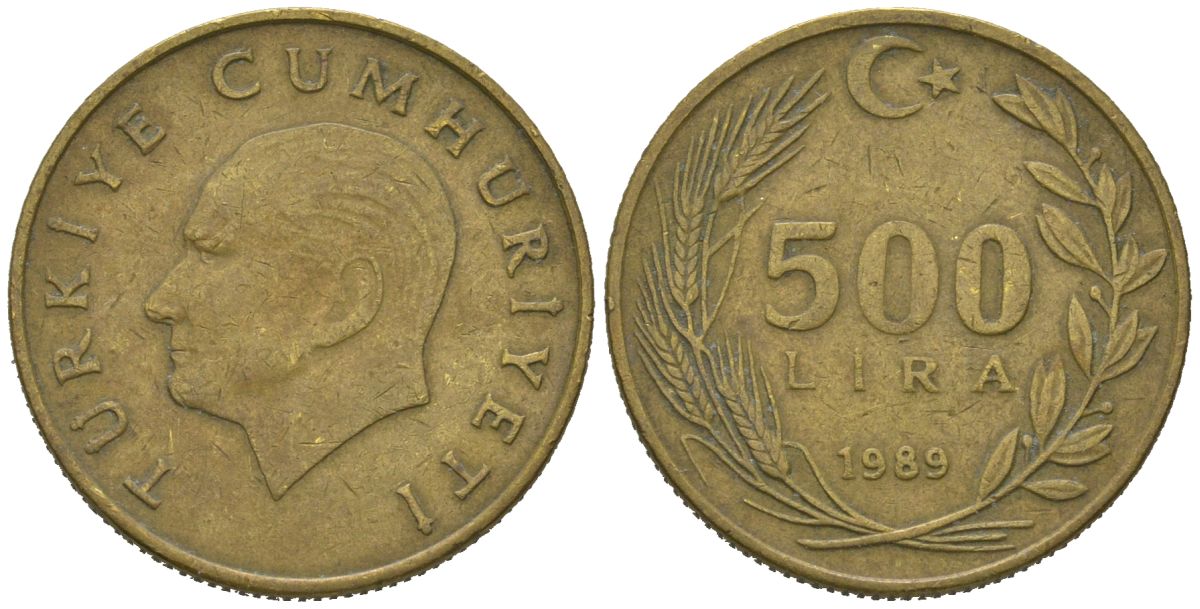 Турция 500 лир 1989 Кемаль Ататюрк KM 989 алюминиевая бронза 4620-612