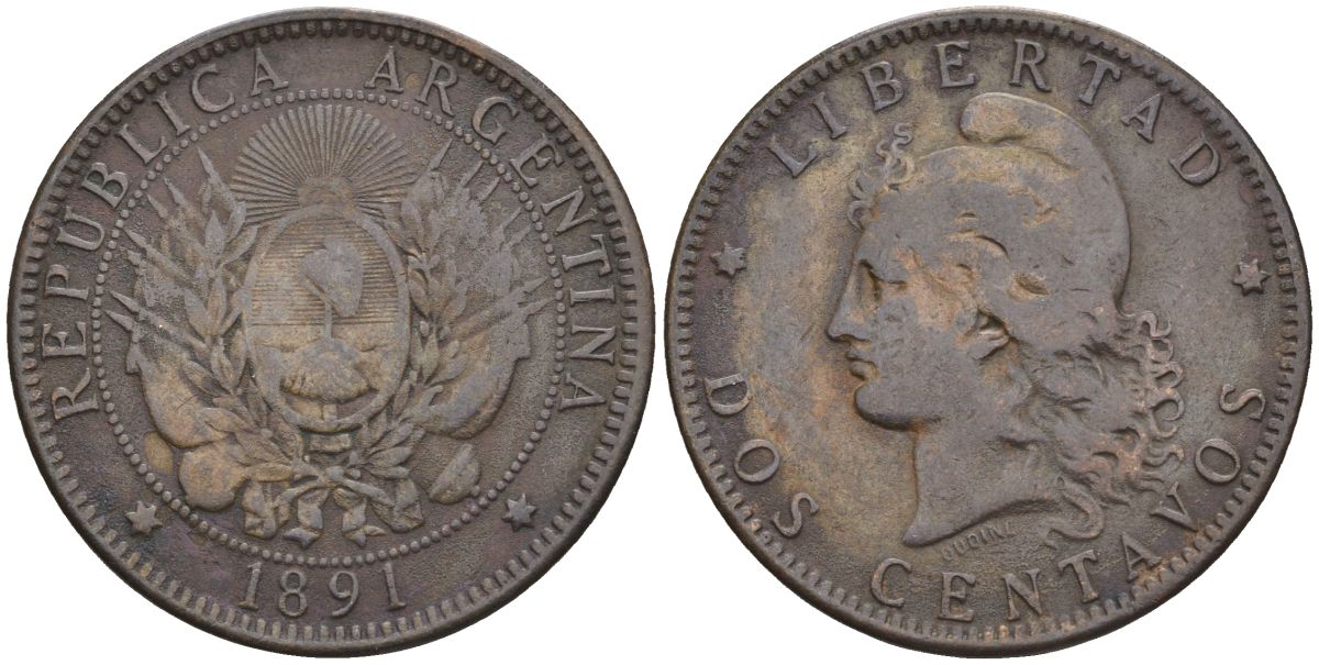 Аргентина 2 сентаво 1891 голова свободы влево KM 33, CJ 32 бронза    4394-824