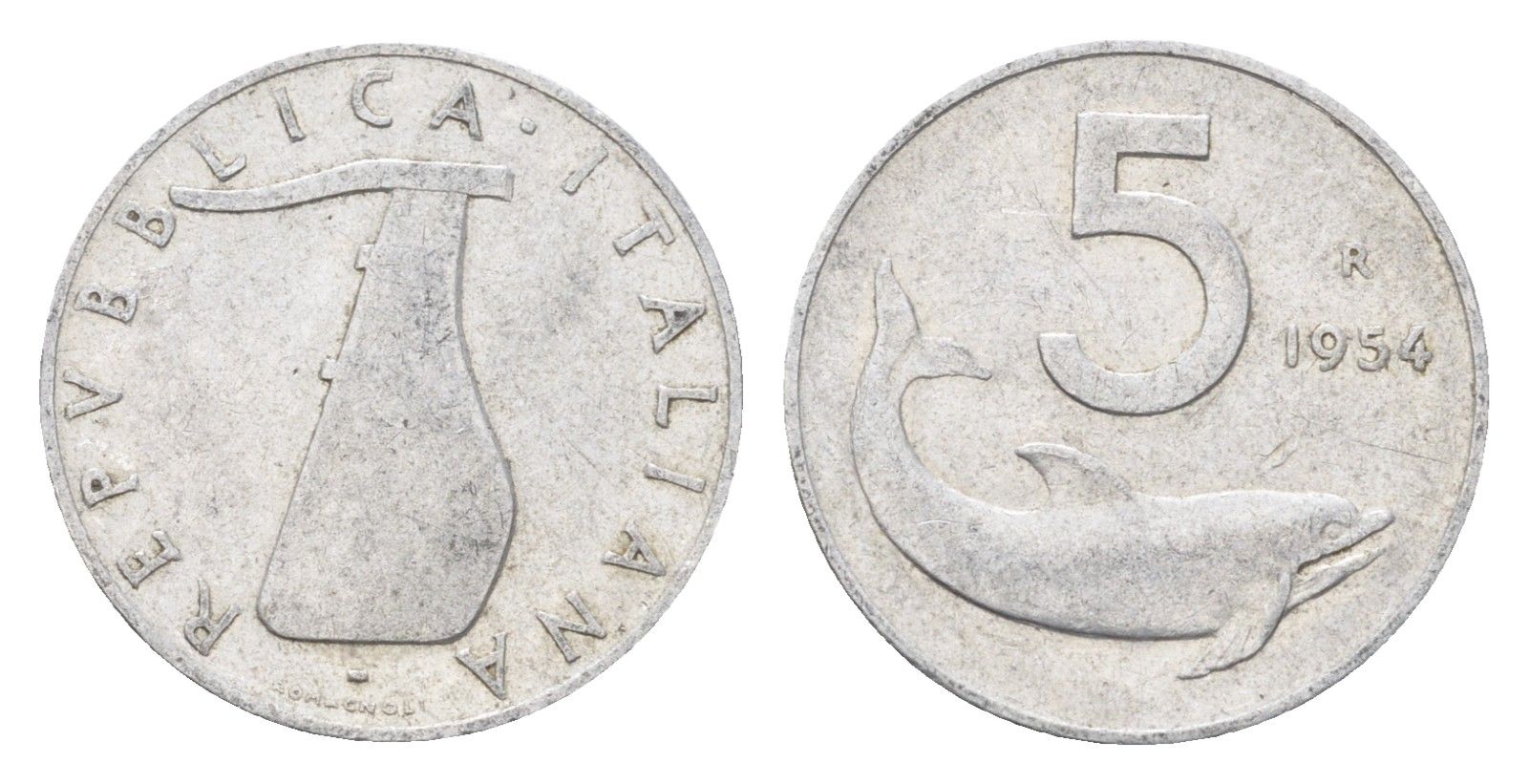 Италия 5 лир 1954 R, дельфин, плуг KM 92 алюминий 4705-157