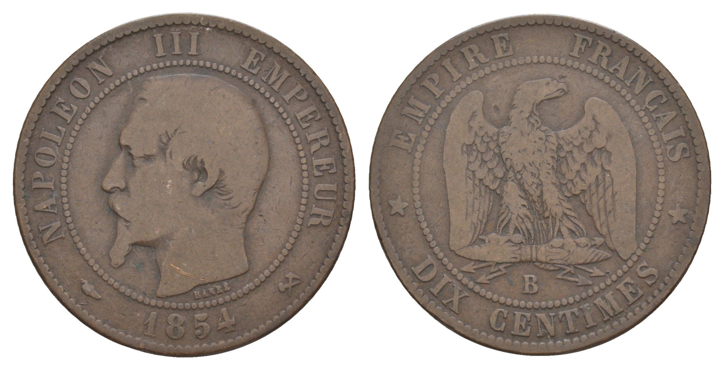 Франция 10 сантимов 1854 B, Наполеон III (1852-1870) KM 771.2, Le Franc 133/11 бронза 215-122