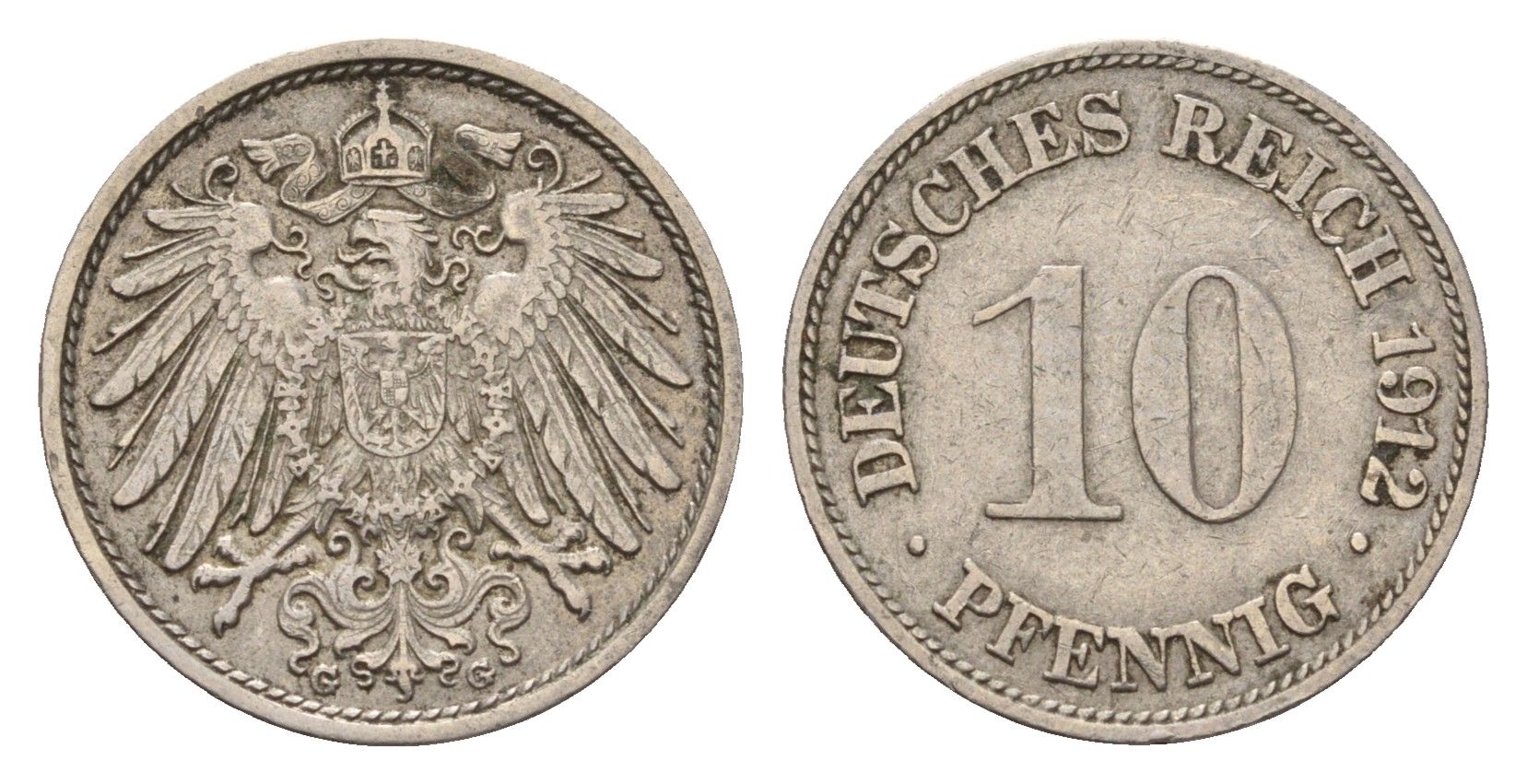 Германия 10 пфеннигов 1912 G, Вильгельм II (1888-1918) KM 12, J. 13 медно-никель 4636-945