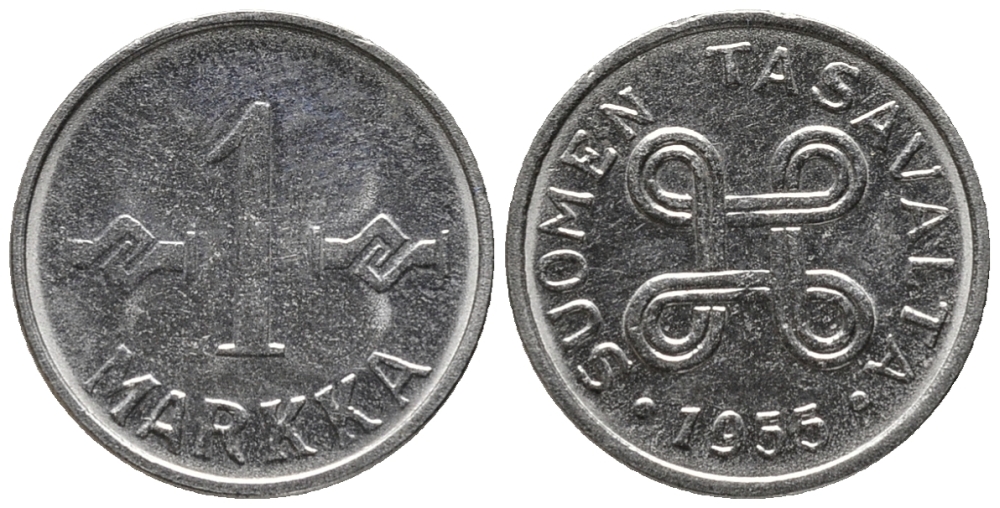 ФИНЛЯНДИЯ 1 МАРКА 1955 KM 36а железо плакированное никелем 99-937