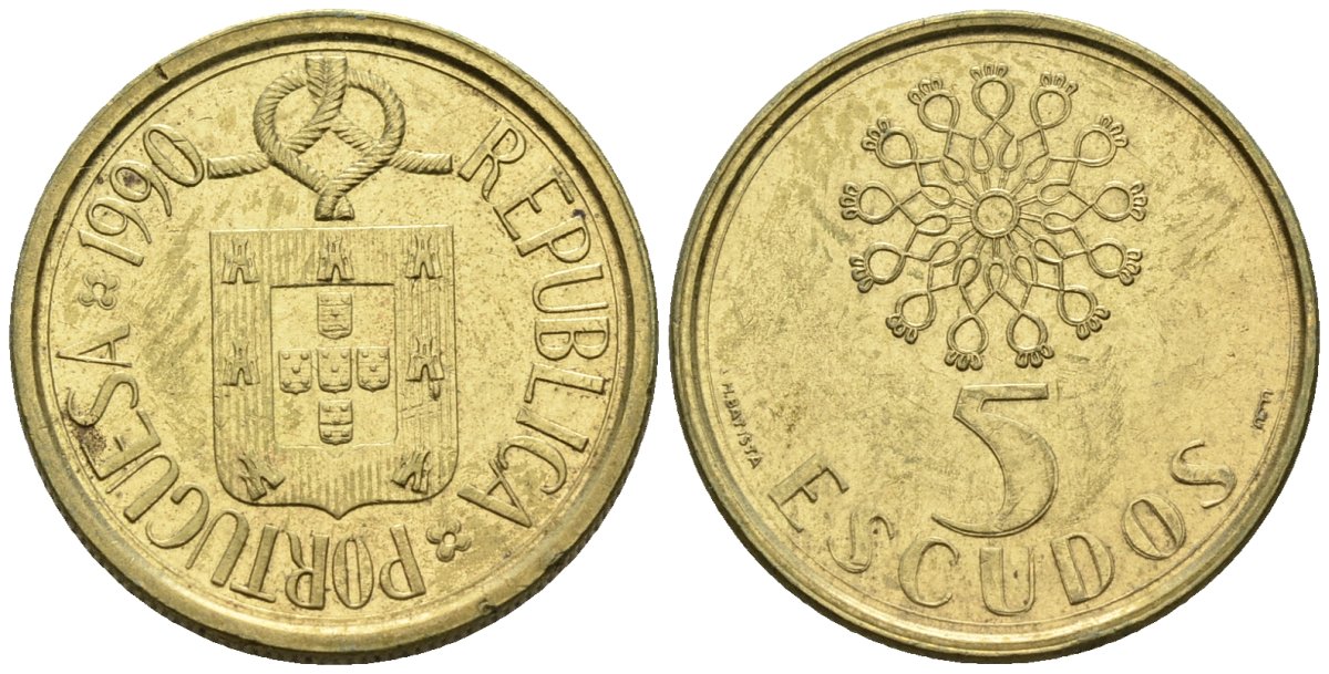 Португалия 5 эскудо 1990 KM 632 никель латунь 4148-454