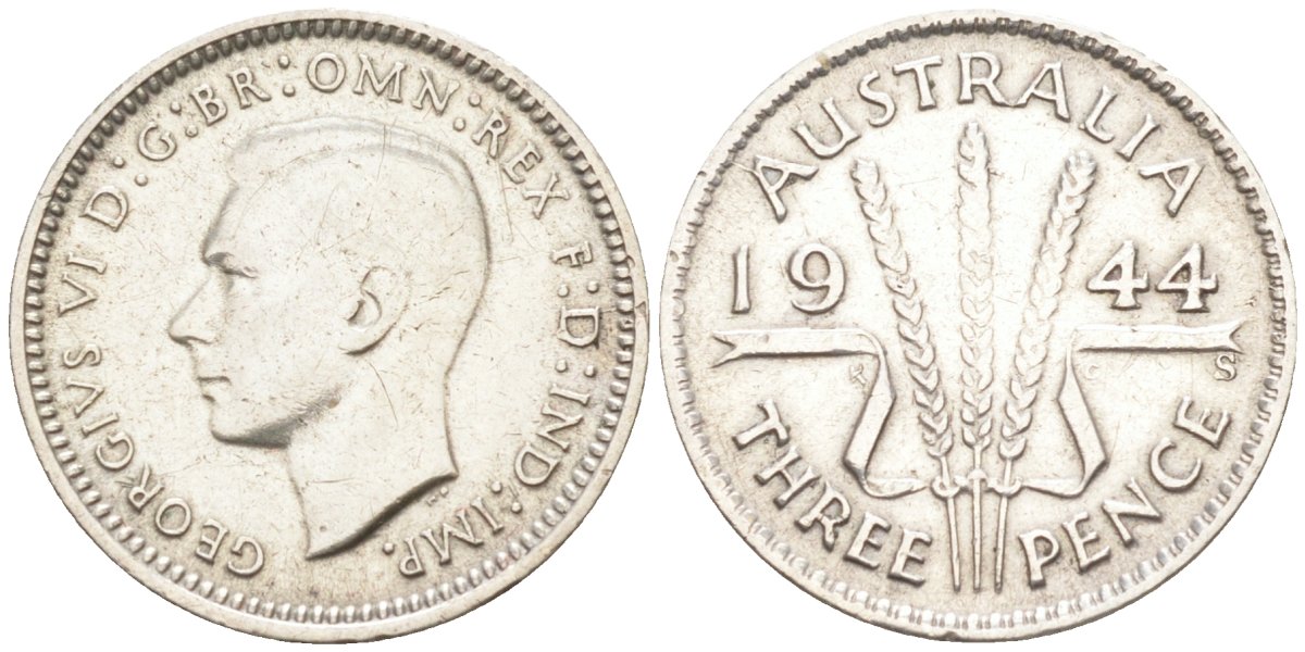 Австралия 3 пенса 1944 S, Георг VI (1937-1952), мондвор Сан-Франциско KM 37 серебро 4594-431