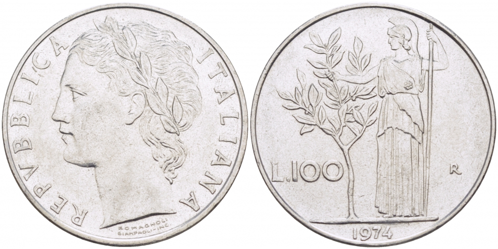 ИТАЛИЯ 100 ЛИР 1974 R, АФИНА KM 96.1 нержавеющая сталь 3718-432