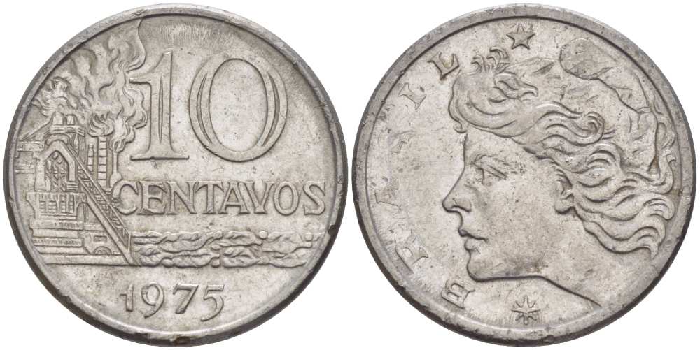 БРАЗИЛИЯ 10 СЕНТАВО 1975 РЕФОРМА 1967-1985, ГОЛОВА СВОБОДЫ ВЛЕВО KM 578.1а нержавеющая сталь 37-834
