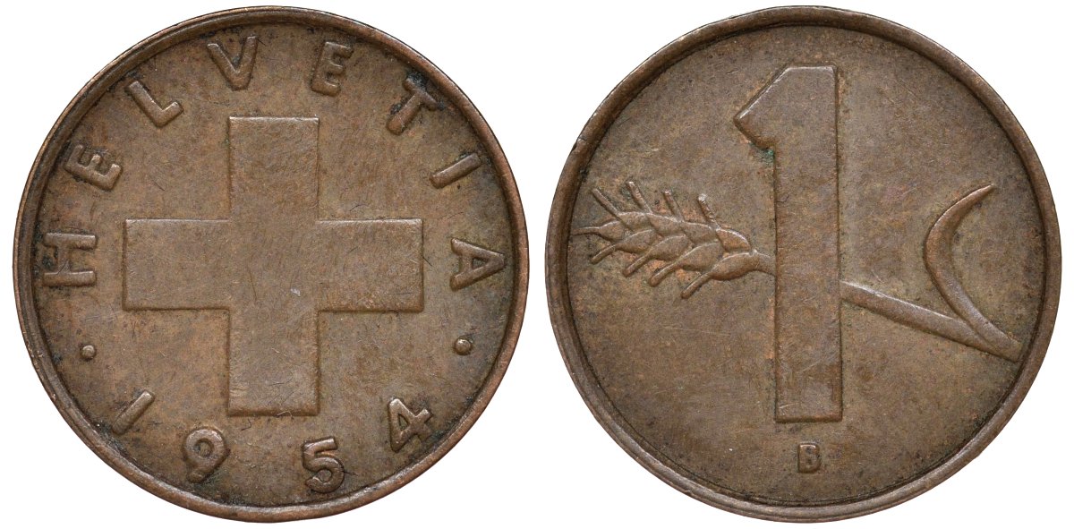 Швейцария 1 раппен 1954 KM 46 бронза 4174-139