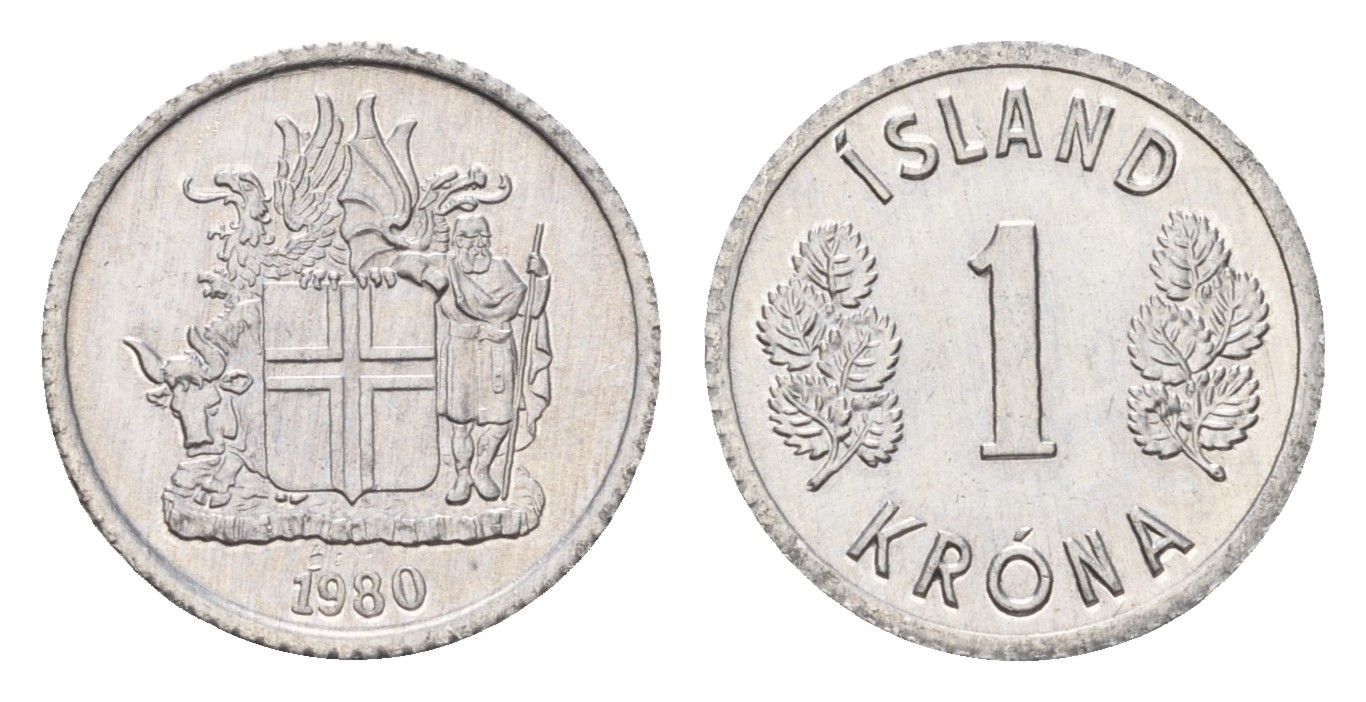 Исландия 1 крона 1980 KM 23 алюминий UNC 4687-818