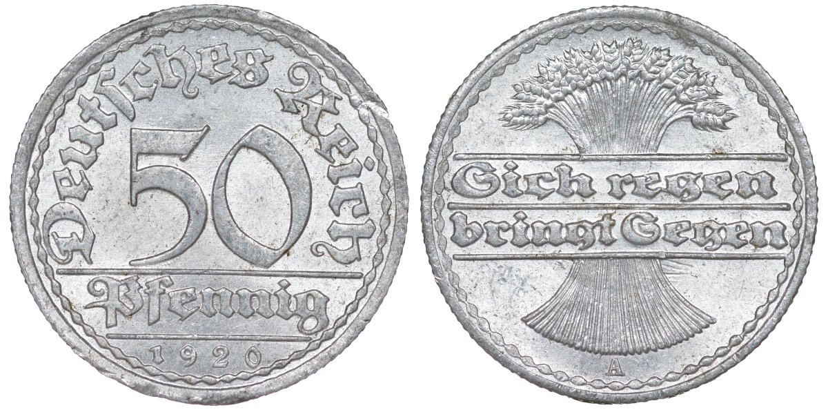 Германия 50 пфеннигов 1920 A KM 27, J. 301 алюминий 4163-341