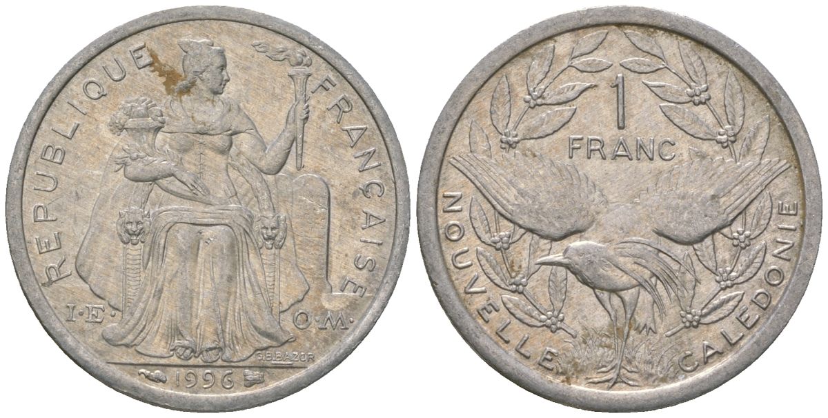 Французская Новая Каледония 1 франк 1996 птица кагу, (IEOM) KM 10, Schoen 10, Lec 52a алюминий 41-635