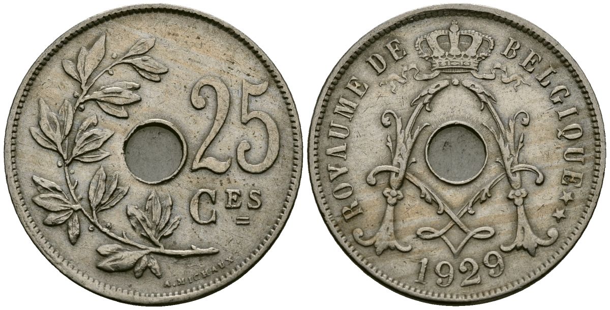 Бельгия 25 сантимов 1929 Belgique KM 68 медно-никель 4165-614