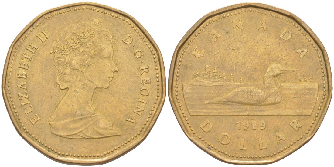 Канада 1 доллар 1989 утка, Елизавета II KM 157 никель плакированный алюминиевой бронзой 63-632