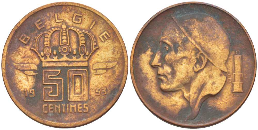 БЕЛЬГИЯ 50 САНТИМОВ 1953 BELGIE, БОДУЭН I (1951-1993) KM 145 бронза 214-634