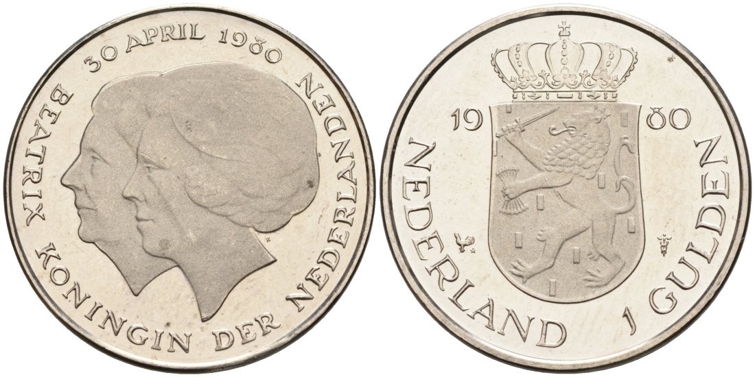 Нидерланды 1 гульден 1980 на коронацию Беатрикс, 30 апреля 1980 KM 200 никель UNC 3334-425