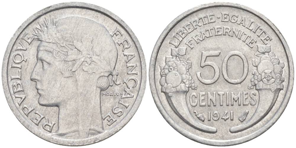 ФРАНЦИЯ 50 САНТИМОВ 1941 ТИП MORLON LOURDE KM 894.1a, LE FRANC 193.2 алюминий 44-312