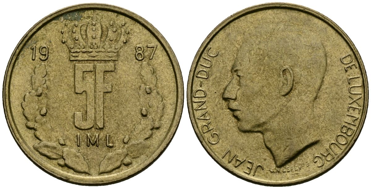 Люксембург 5 франков 1987 Великий герцог Жан (1964-2000) KM 60 алюминиевая бронза 4171-1222