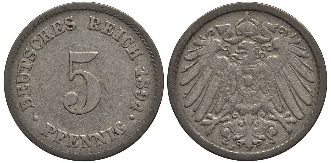 ГЕРМАНИЯ 5 ПФЕННИГОВ 1894 J KM 11, Jager 12, Weege 6 медно-никель 4547-344