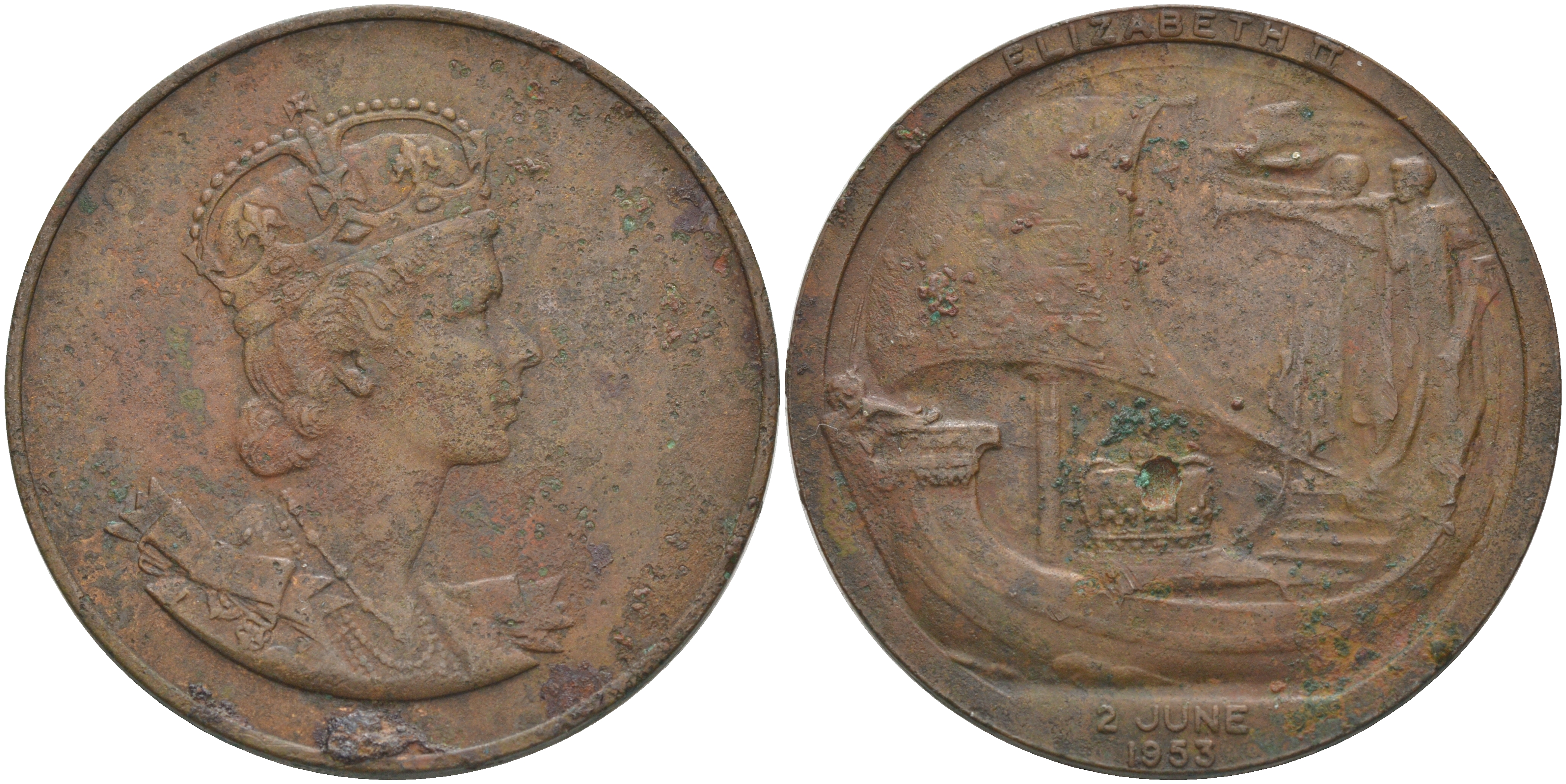 Великобритания медаль 1953 на коронацию Елизаветы II, 37,0 мм, 22,8 гр  бронза    1066-7-42