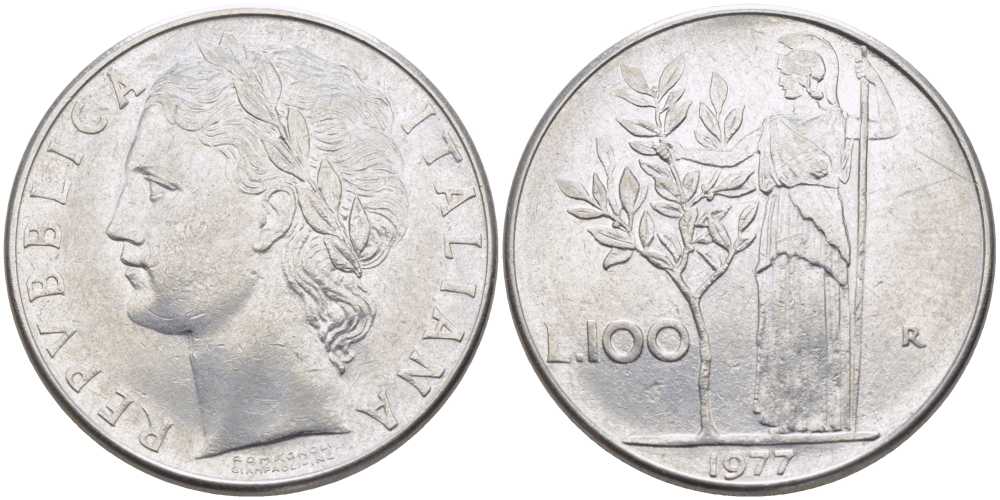 ИТАЛИЯ 100 ЛИР 1977 R, АФИНА KM 96.1 нержавеющая сталь 109-1145