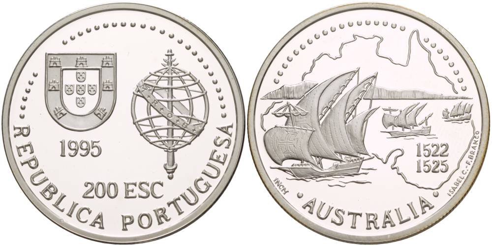 Португалия 200 эскудо 1995 400 лет открытия португальцами Австралии (1522-1525) KM 684a серебро PROOF 1081-6-54