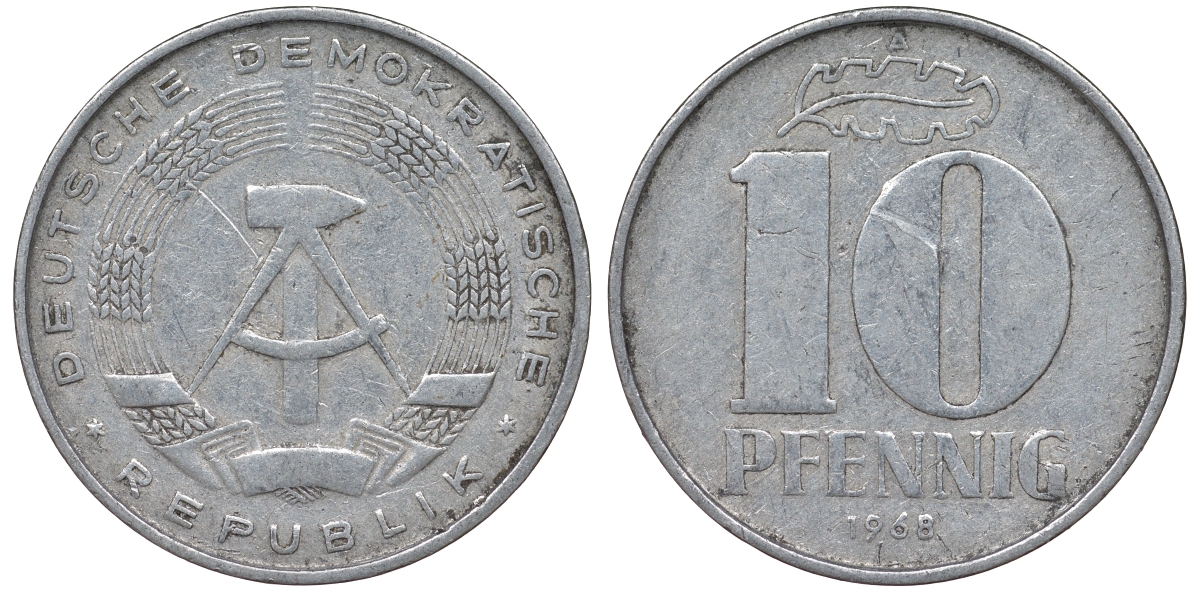 ГДР 10 пфеннигов 1968 A KM 10 алюминий 62-754