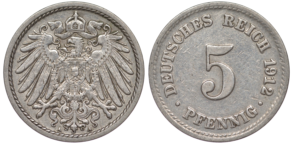 Германия 5 пфеннигов 1912 A, KM 11, J. 12 медно-никель 25-2412