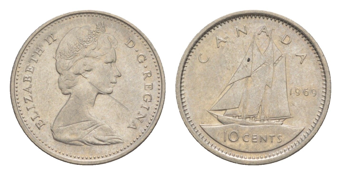 Канада 10 центов 1969 Елизавета II (1952-2022), парусник KM 77 никель 4639-621