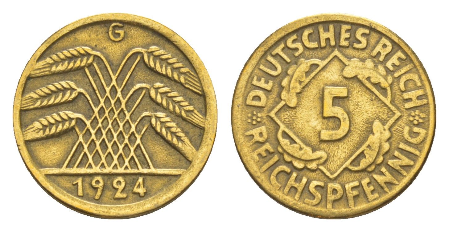 Германия 5 рейхспфеннигов 1924 G KM 39, J. 316 алюминиевая бронза 4636-553