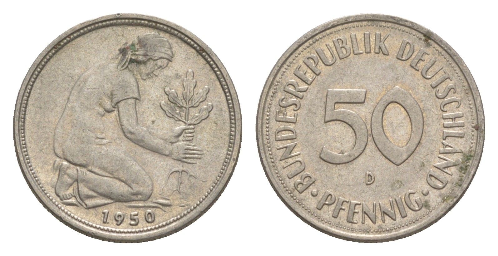 ФРГ 50 пфеннигов 1950 D KM 109.1, J. 384 медно-никель 4636-826