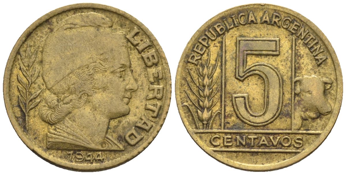 Аргентина 5 сентаво 1944 голова свободы вправо KM 40, CJ 216, Schon 43 алюминиевая бронза    4609-1134