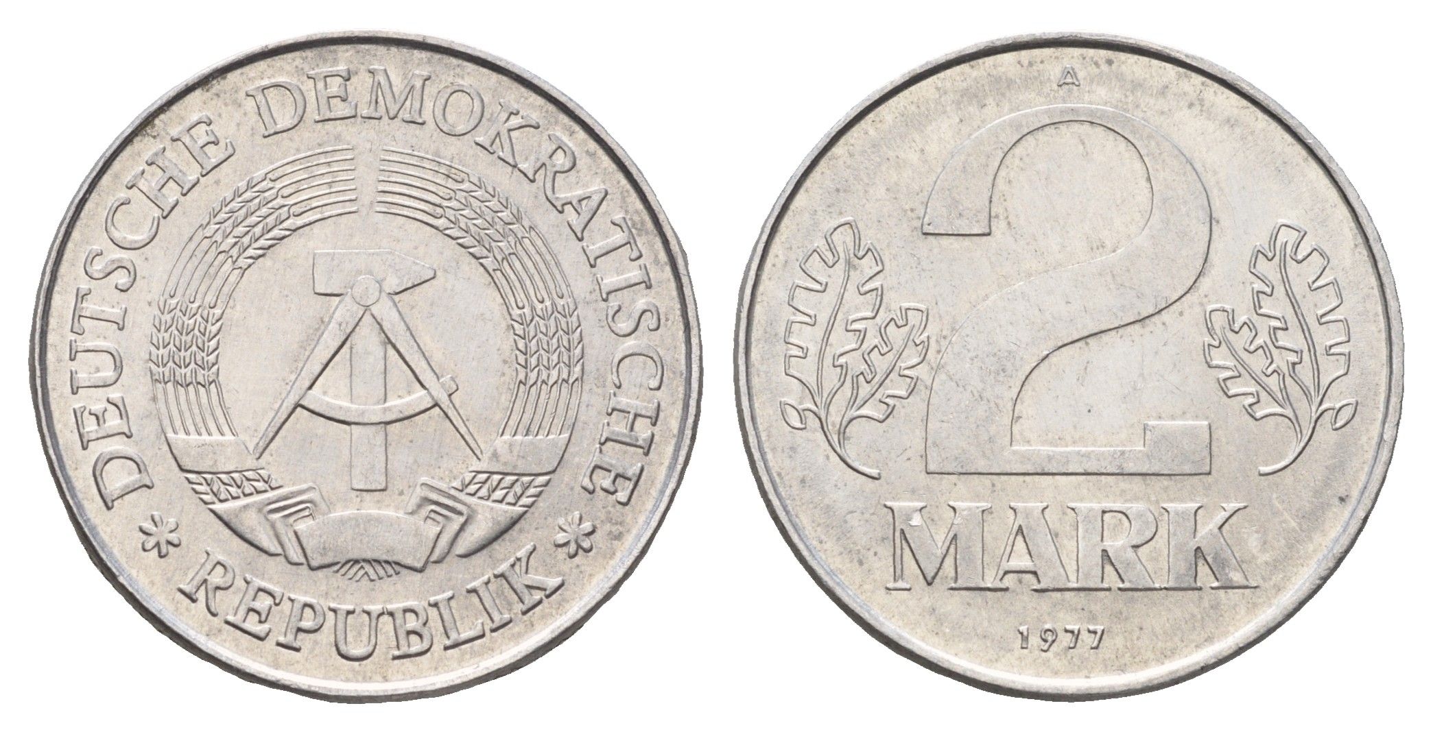 ГДР 2 марки 1977 KM 48 алюминий aUNC 4695-1032