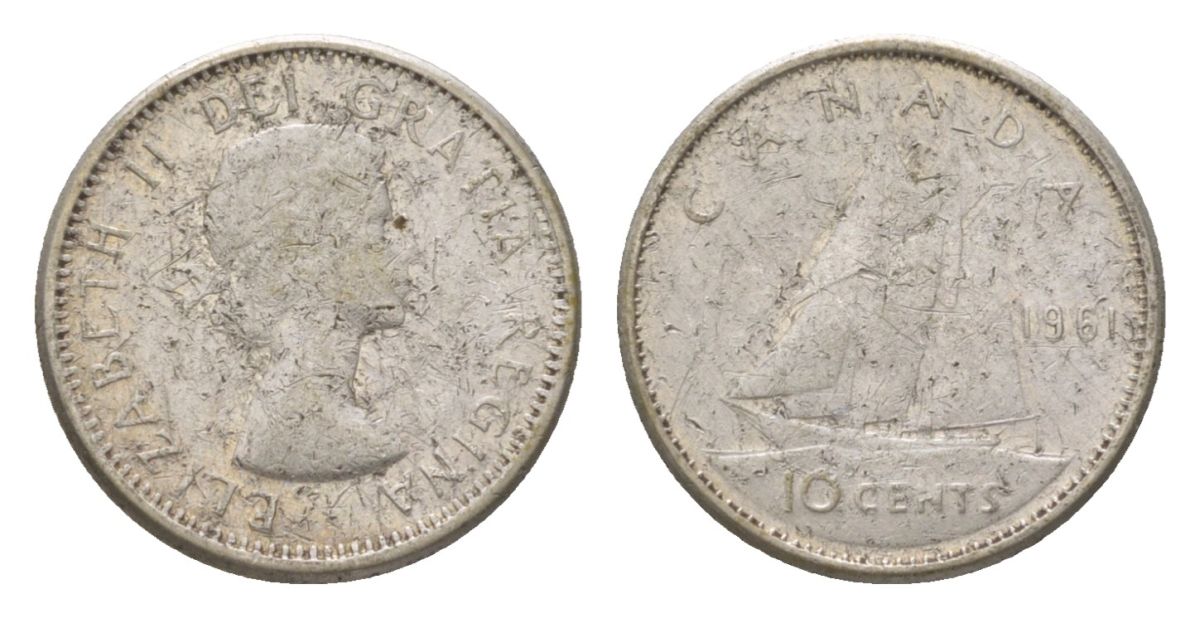 Канада 10 центов 1961 Елизавета II (1952-2022), парусник KM 51 серебро 4623-928