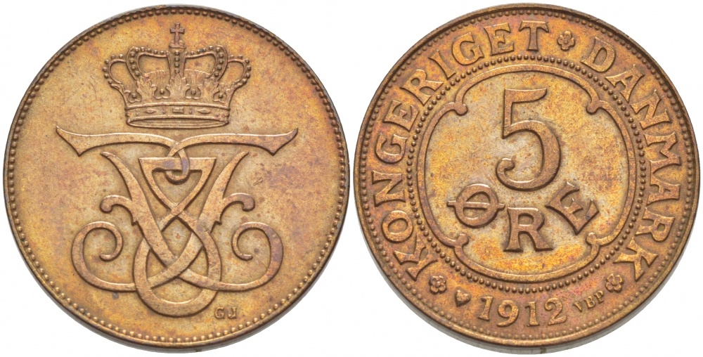 Дания 5 эре 1912 KM 806 бронза aUNC 272-1043