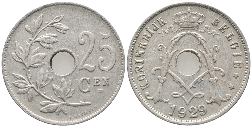 БЕЛЬГИЯ 25 САНТИМОВ 1929 BELGIE KM 69 медно-никель 34-351