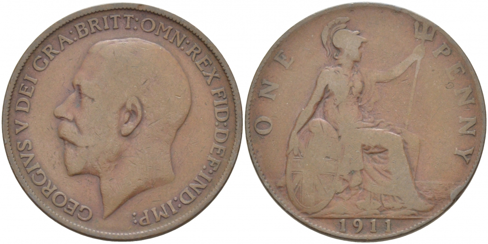 Великобритания 1 пенни 1911 Георг V (1910-1936) KM 810, Spink 4051 бронза 3996-232
