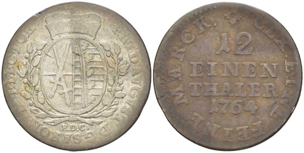 САКСОНИЯ 1/12 ТАЛЕРА 1764 EDC, ФРИДРИХ АВГУСТ III (1763-1806) KM 956 (C100) серебро 210-222