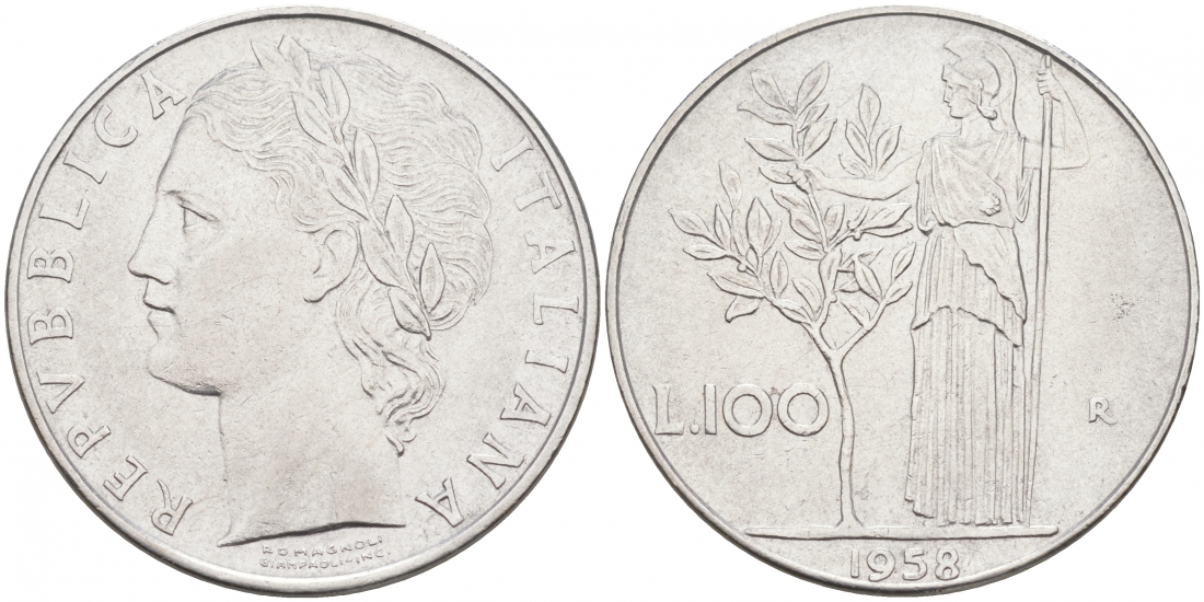 ИТАЛИЯ 100 ЛИР 1958 R АФИНА KM 96.1 сталь 3855-736