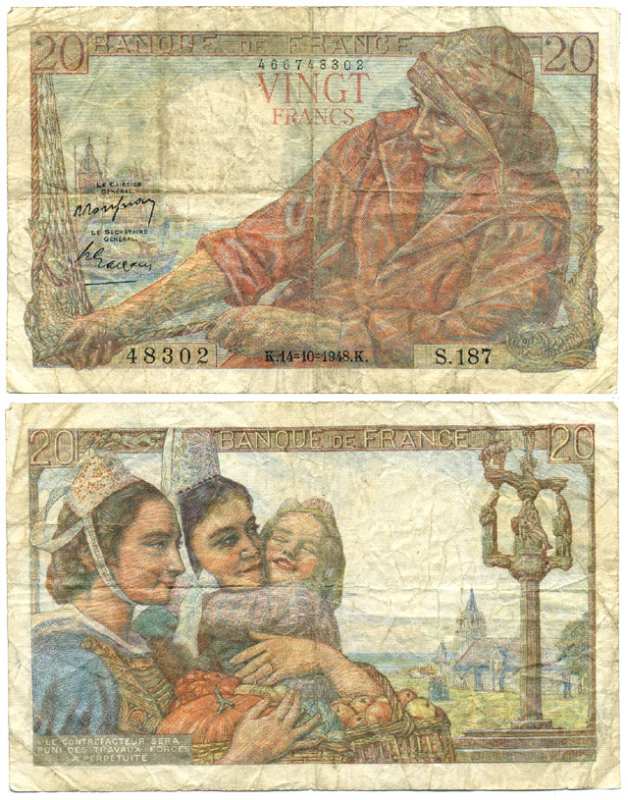 ФРАНЦИЯ 20 ФРАНКОВ 1948 14 ОКТЯБРЯ 1948 Pick 100с бумага 6262-48-2-2