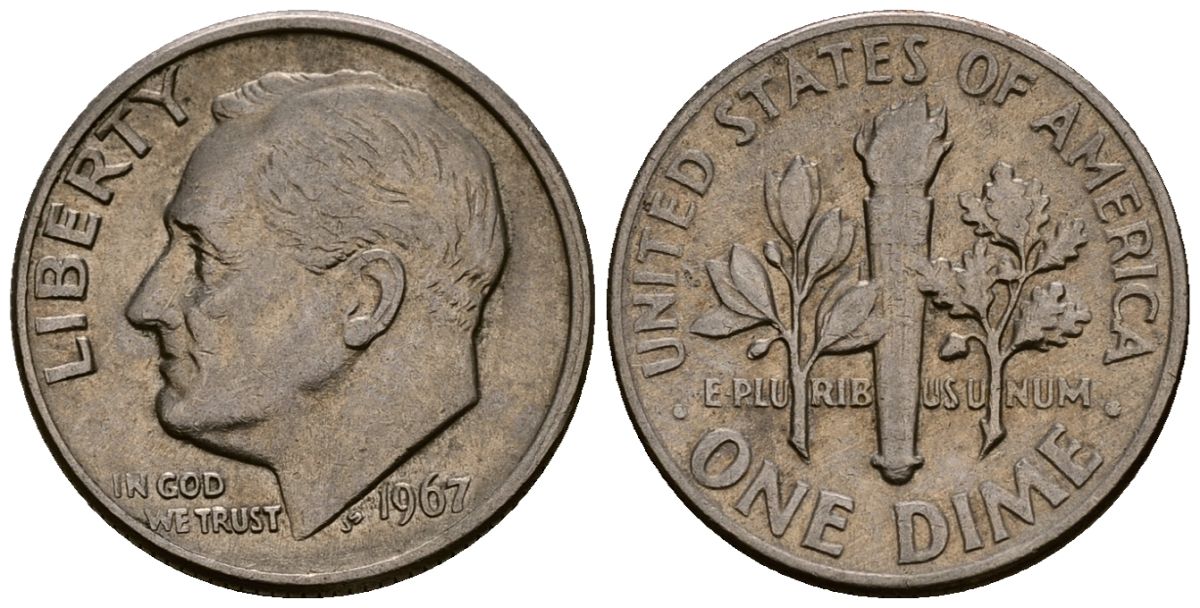 США 10 центов (дайм) 1967 Рузвельт KM 195a медь плакированная медно-никелем 4164-935