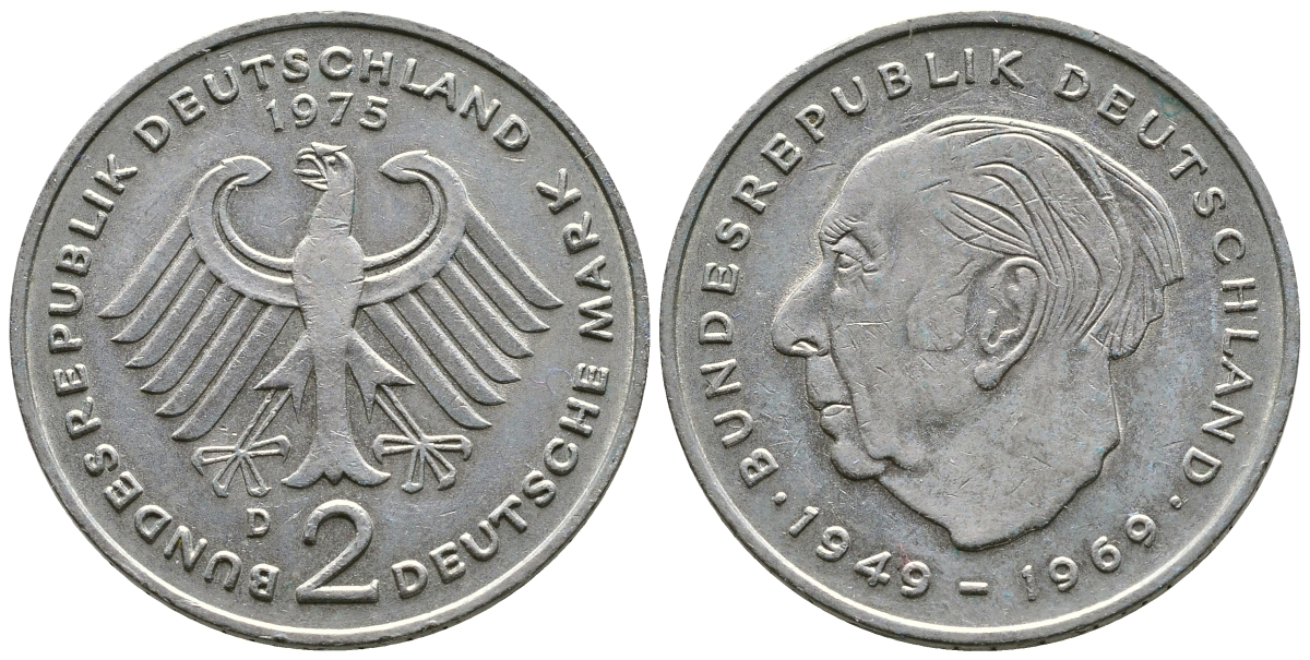 ФРГ 2 МАРКИ 1975 D, ТЕОДОР ХОЙС KM 127, J. 407 медно-никель плакированный никелем 4110-235