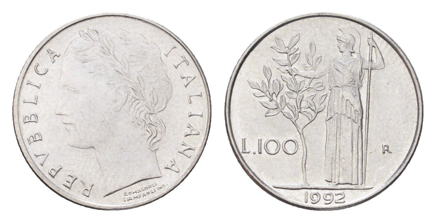 Италия 100 лир 1992 R, Афина в доспехах KM 96.2 нержавеющая сталь 4705-165