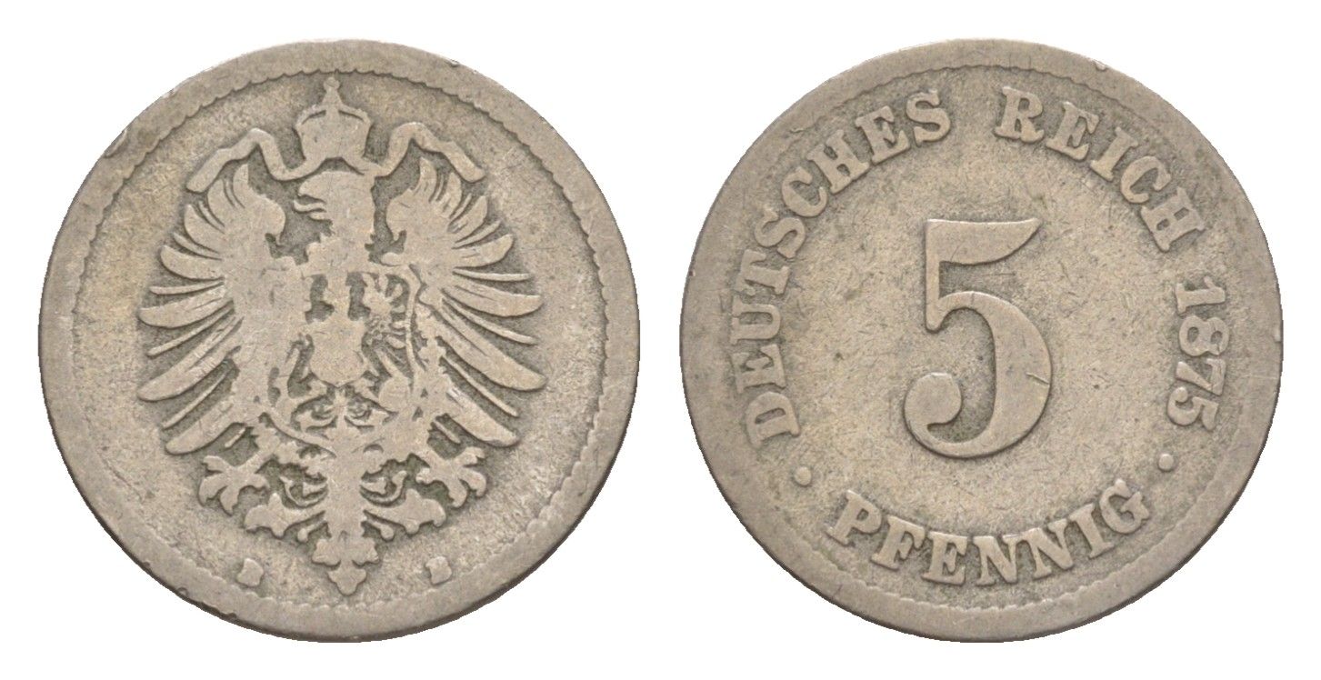 Германия 5 пфеннигов 1875 B, Вильгельм I (1871-1888) KM 3, J. 3, Weege 5 медно-никель 4639-1243