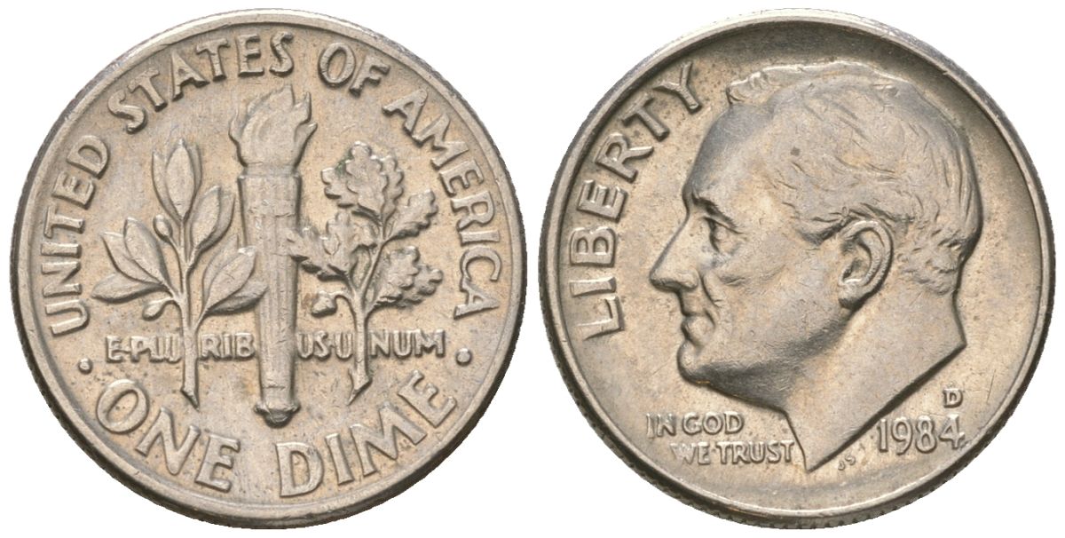 США 10 центов (дайм) 1984 D, президент Рузвельт KM 195a медь плкированный медно-никелем 4549-1042